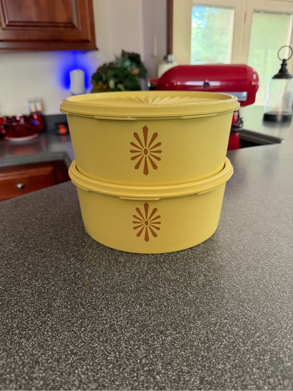 Vintage Yellow Floral Plastic Storage Canisters - Set of 2